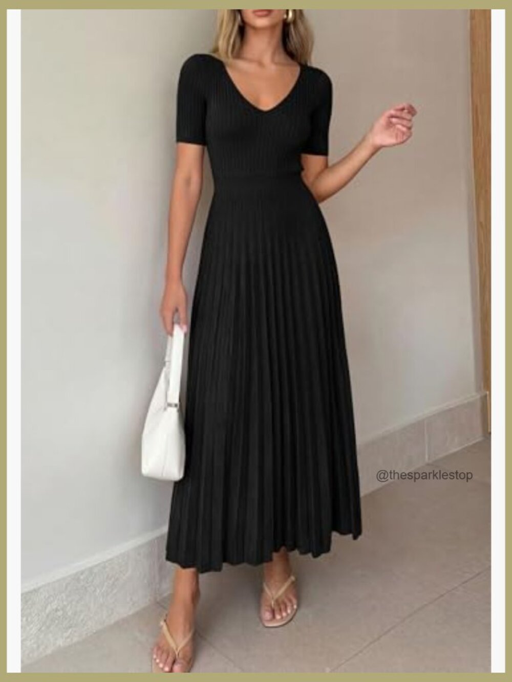 V Neck Pleated Ribbed Knit Midi Sweater Dress A Line Short Sleeve - Picture 2 of 7